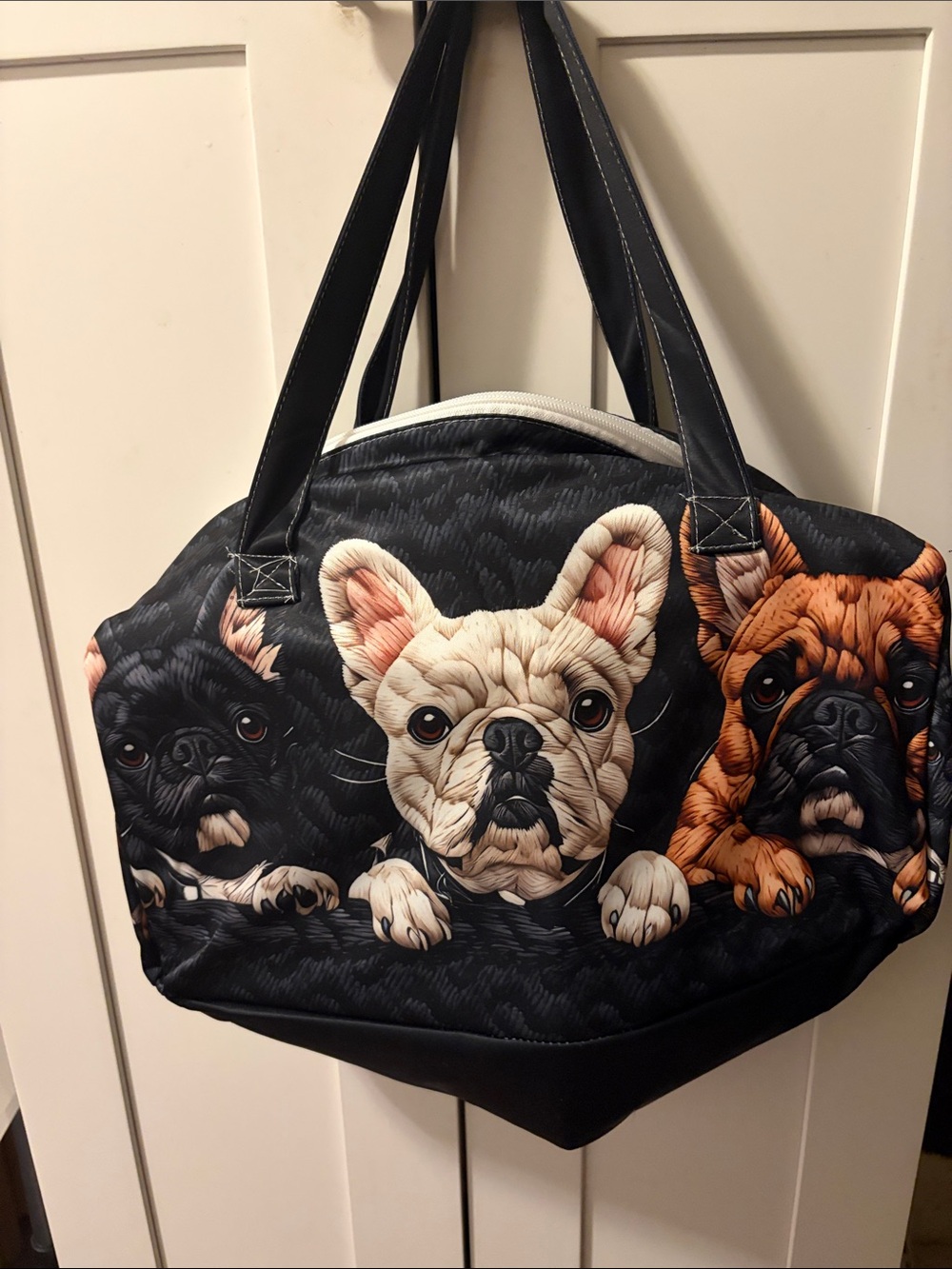 French Bulldog Quilted Print Tote Bag - Black, Cream & Brown Large New.